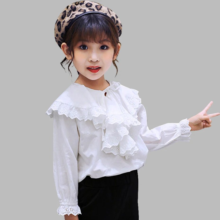 Блузка для девочек однотонная белая рубашка кружевная детская блузка с оборками