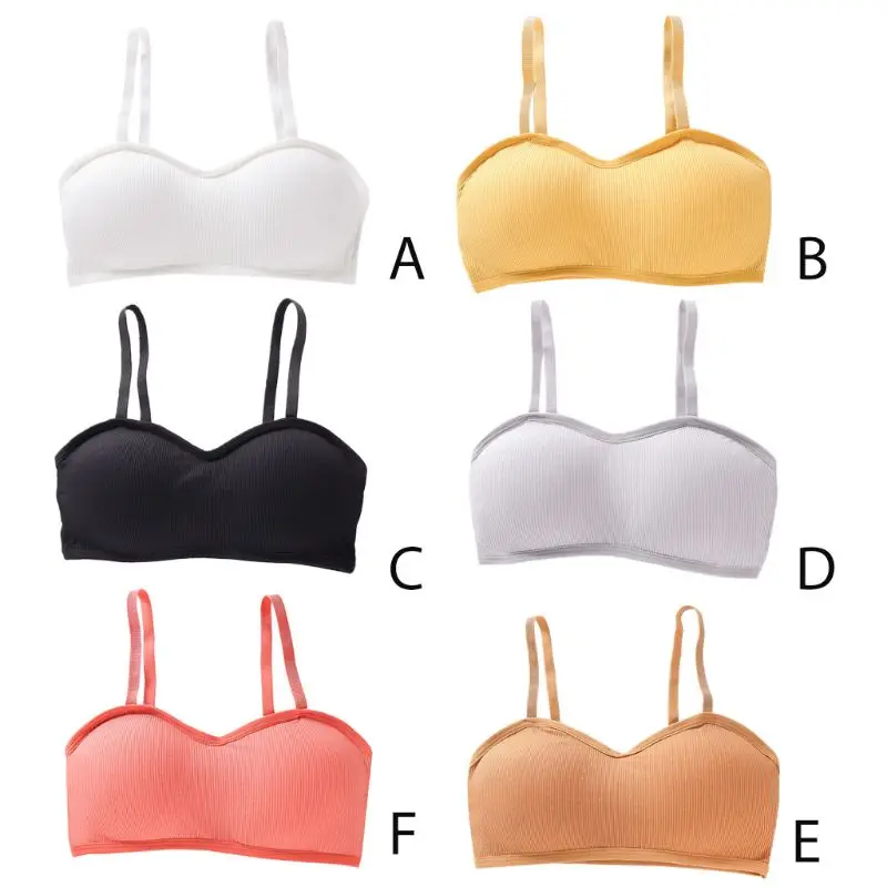 Japanese Women Girls Ribbed Knit Sport Bralette Bright Candy Color Basic Underwear Spaghetti Strap Sponge Padded Cotton Crop Top