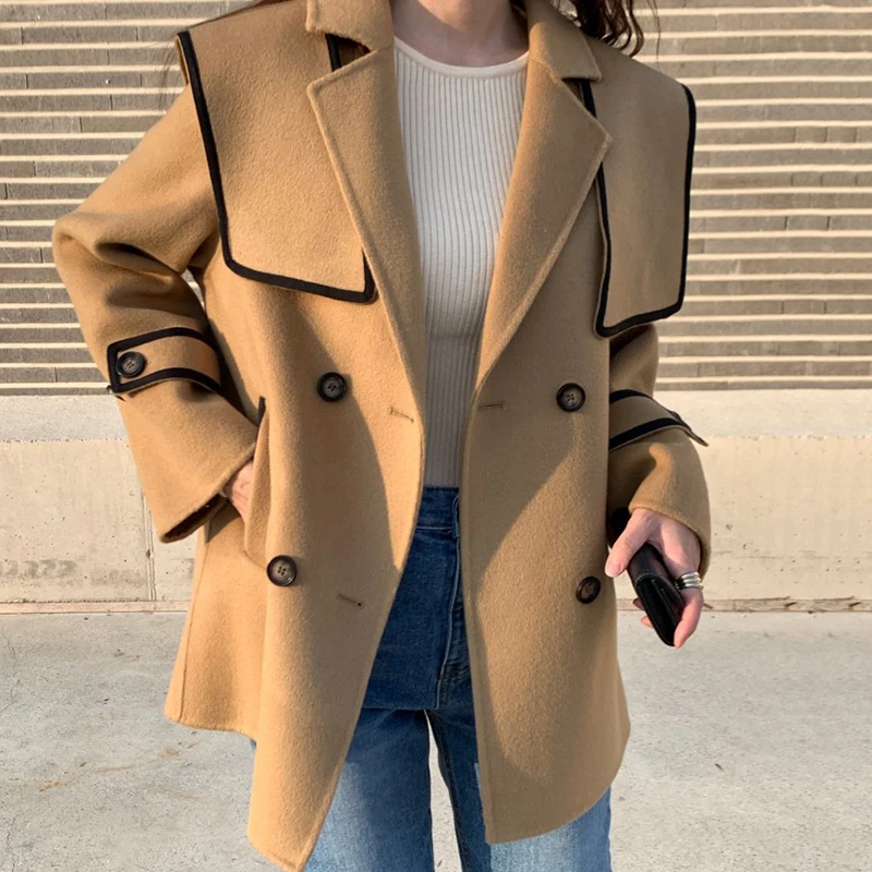 

2020 Winter Female New Casual Turn Down Collar Long-sleeved Double Breasted Minimalist Panelled Woolen Top Overcoat D147