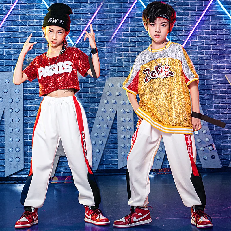 

Kid Hip Hop Clothing Sequin Crop Top Oversized T Shirt White Streetwear Jogger Pants for Girl Boy Jazz Dance Costume Clothes Set