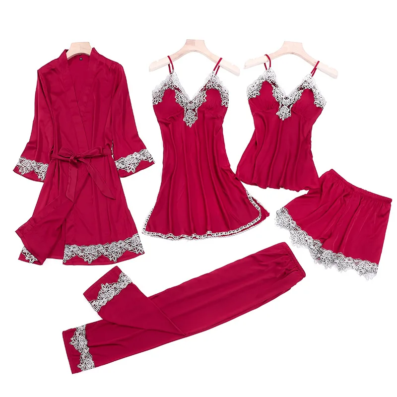 

Women's 5 Pieces Pajamas Sets Silk Robe Sleep Suit Lace Satin Nightgown Sexy V-Neck Cami Nighties Wear Home Nightdress Sleepwear