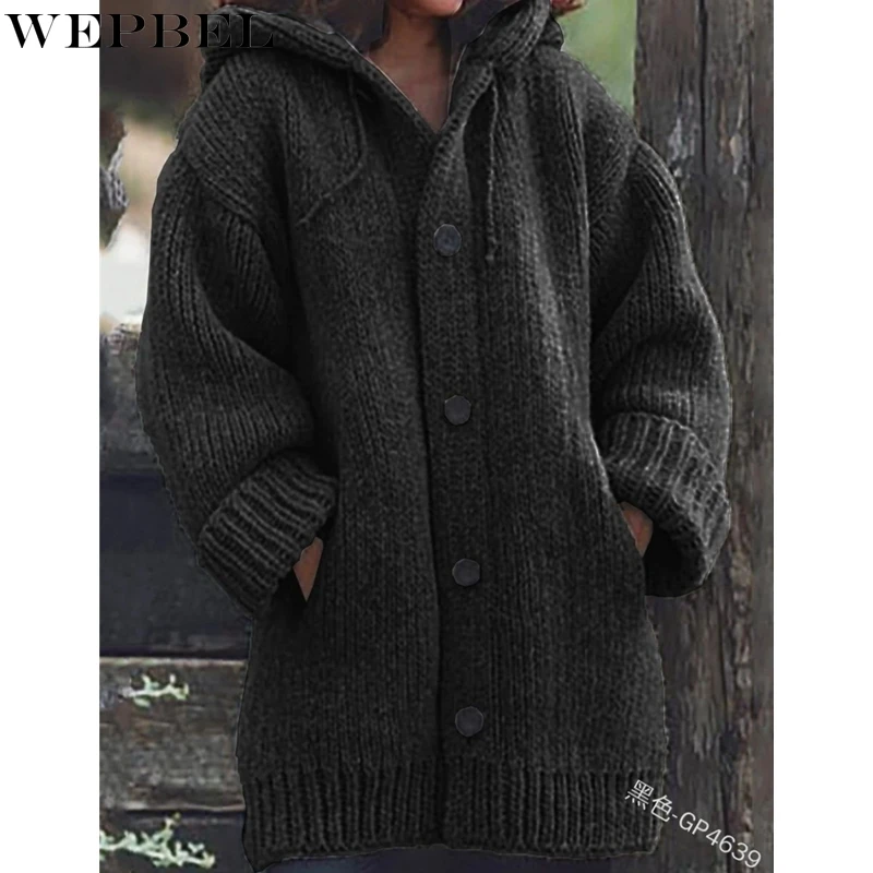 

WEPBEL Long Sleeve Sweater Women's Solid Color Loose Cardigan Hooded Sweater Spring Pocket Single-Breasted Sweater Coat