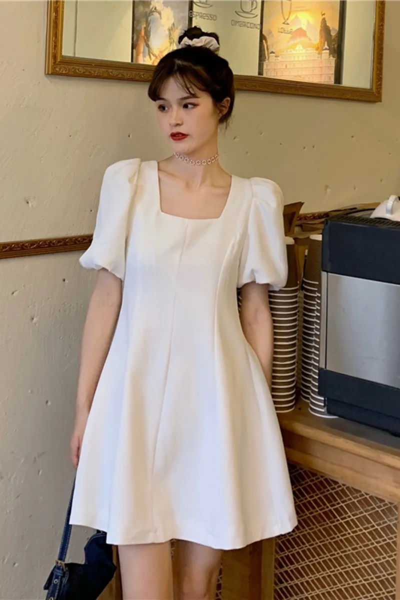 

French square neck bubble short-sleeved A-line skirt summer 2021 new temperament mid-length slim dress female