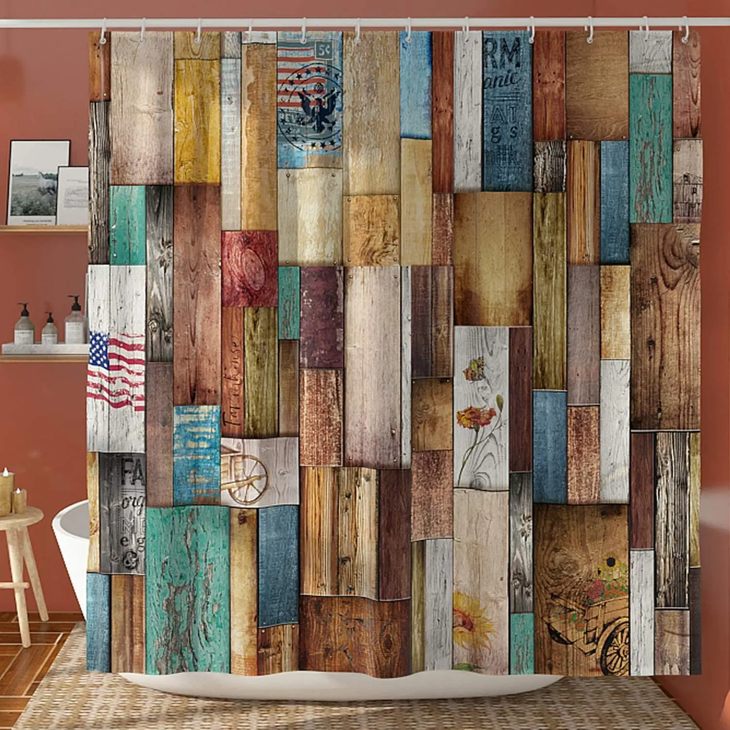 

Rustic Colorful Wooden Country Barn Primitive Farmhouse Shower Curtain