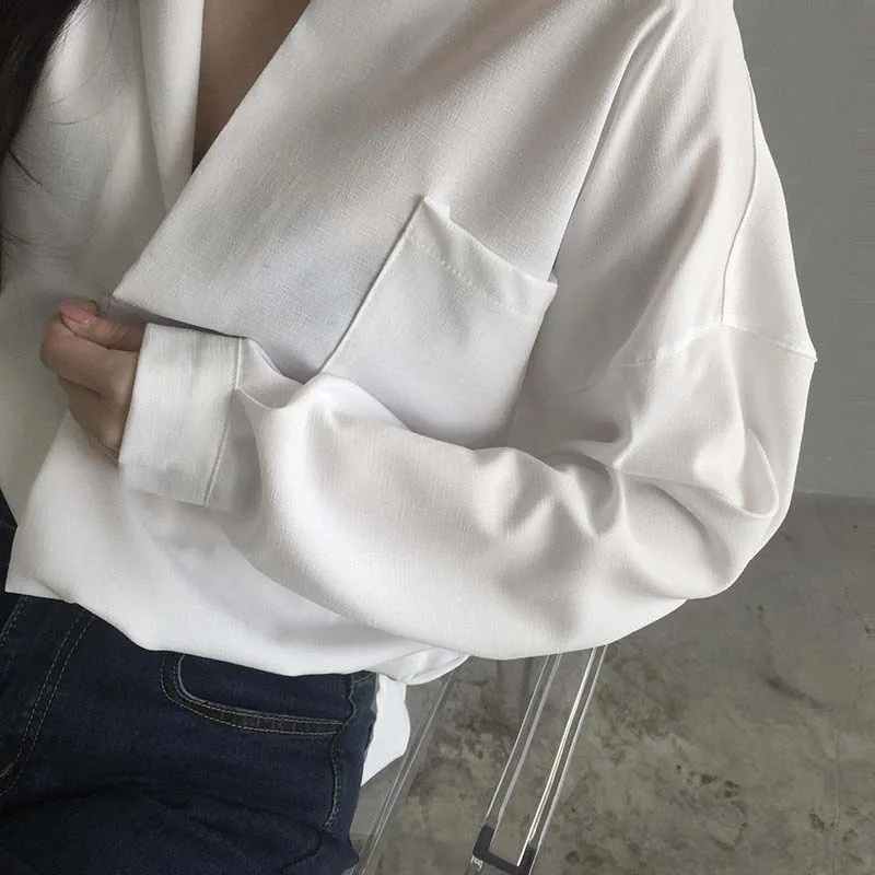 

Office Ladies Shirts Loose Casual Lazy Style V-Neck Long Sleeve Shirt Women's Commuting Blouse Solid Color Tops