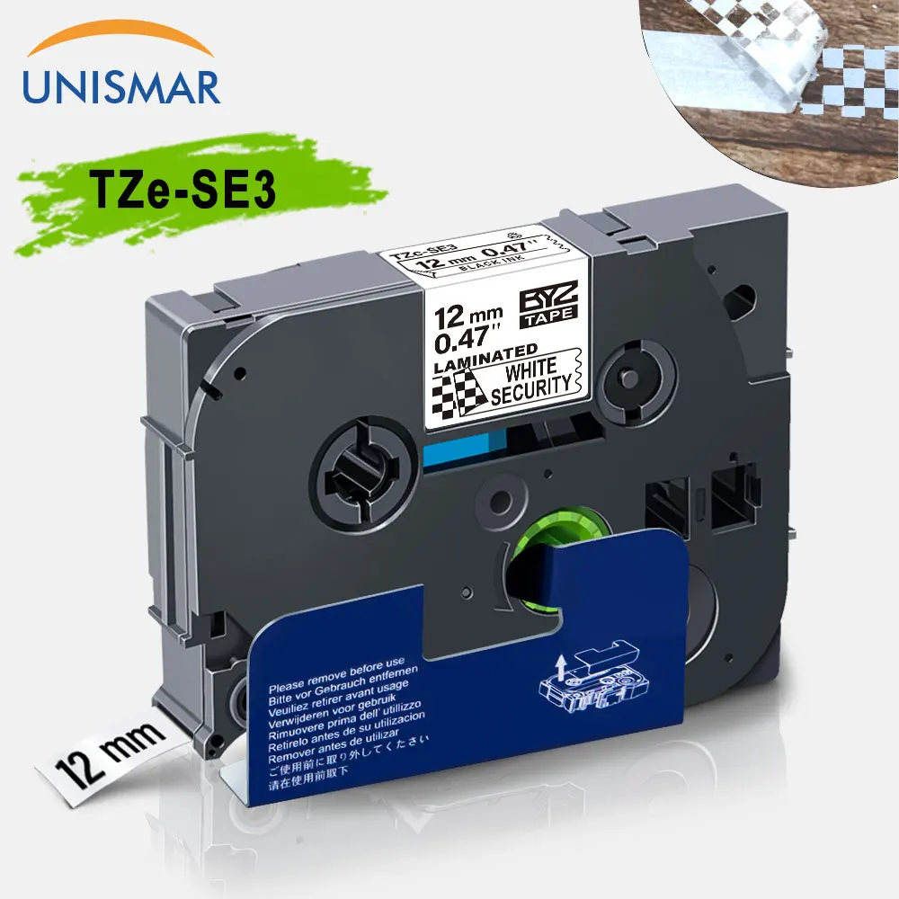 

Unismar Security Tape Laminated TZe-SE3 Label Tape For Brother P-touch 12mm Printers PT-E500W PTH100 PTD210 Black on White