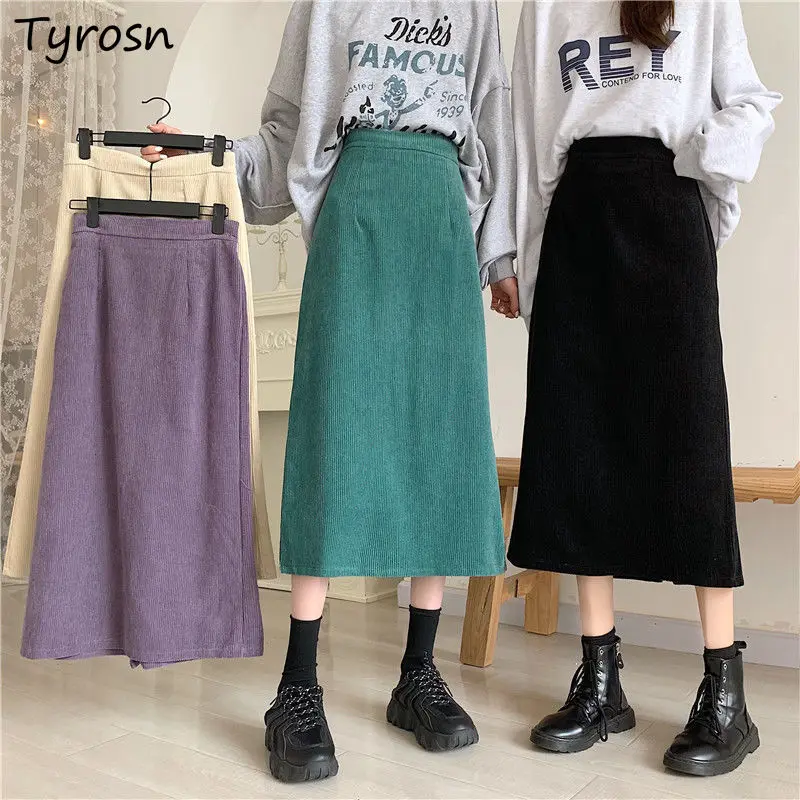 

Mid-calf Skirts Women Corduroy A-line Retro Sweet Empire Waist All-match Candy Color Tender Solid Simple Ulzzang Mujer Back-slit