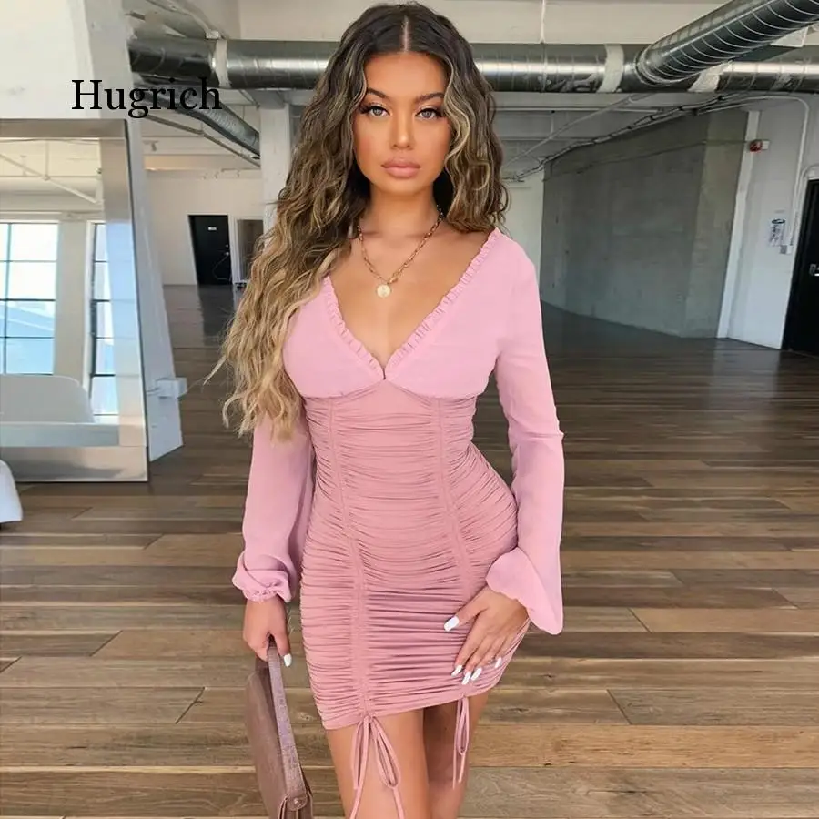 

Solid Sexy Party Dresses Women Mesh Long Sleeve V-Neck Slim Spliced Drawstring Ruched Bodycon Elastic Lady Casual Dress