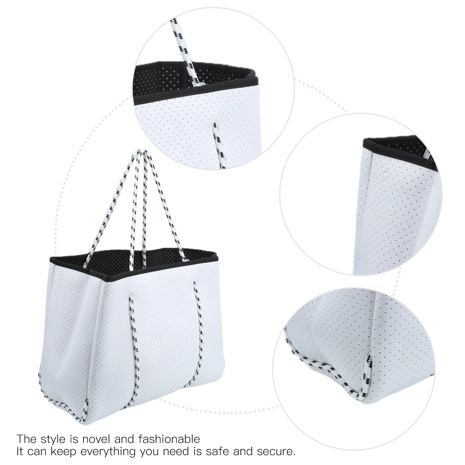 Outdoor Neoprene Perforated Beach Bag Large Capacity Casual Mommy Hand Strap Shopping Bag Water-Free Beach Bag White/Black