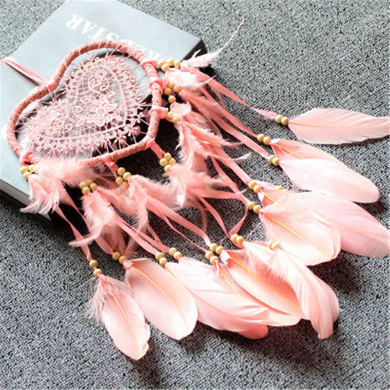 Розовый кружевной Ловец снов ручной работы бусина с перьями подвесное украшение
