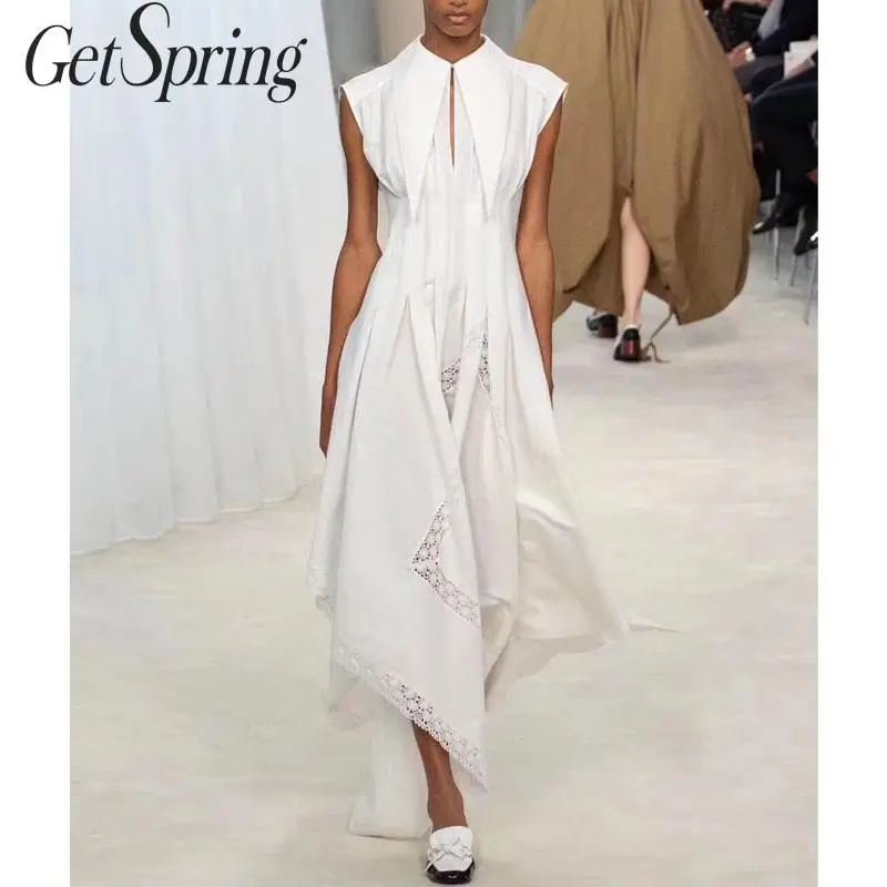 GetSpring женское платье без рукавов белое хлопковое асимметричное открытое Макси
