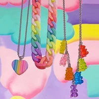 2000s accessories rainbow heart cartoon bear pendant necklace for women harajuku y2k aesthetic fashion necklace egirl jewelry