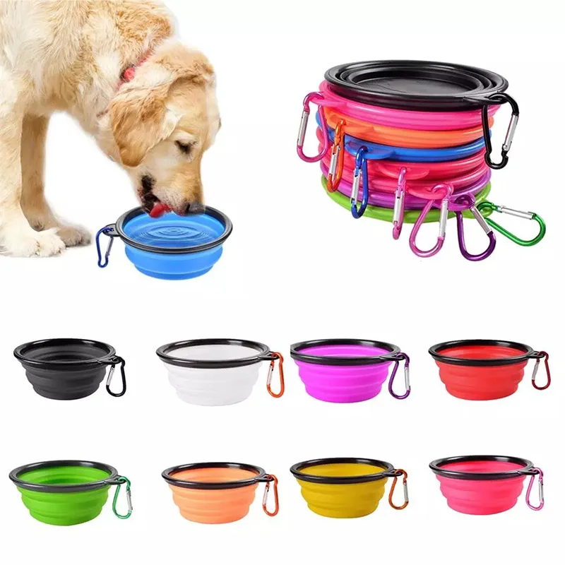 

Dog Accessories Foldable Dog Bowl Dog Feeder Bowl Carabiner Outdoor Travel Puppy Feeding Dishes Water Bowl Silicone Dog Supplies