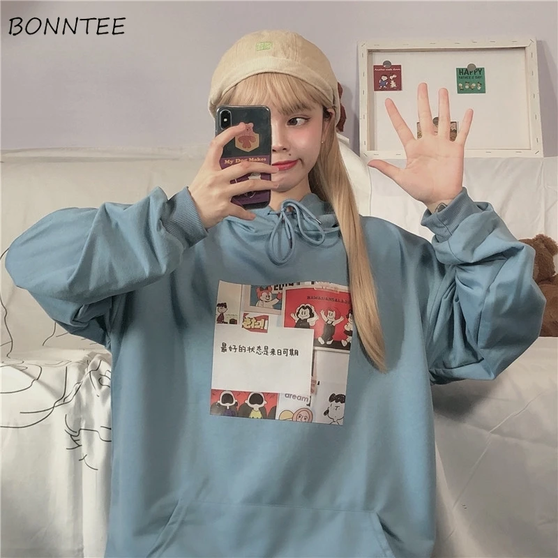 

Hoodies Women Front Pocket Drawstring Cartoon Printed Harajuku Autumn Couples with Hat Outerwear Chic Trendy Newest Leisure Ins