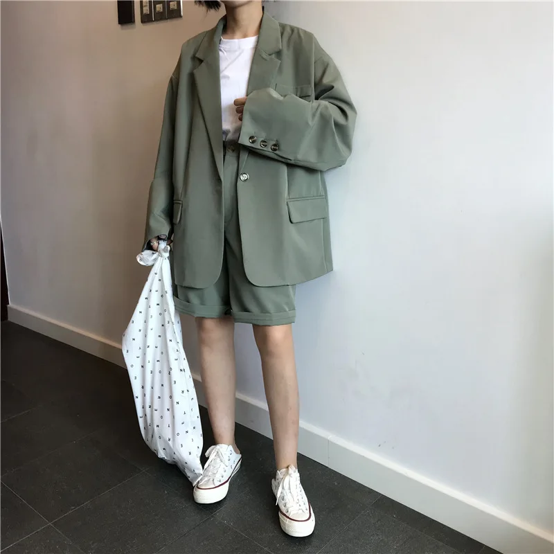

2021 Vintage Fashion 2 Piece Outfits Women Solid Casual Blazers High Waist Suit Short Pants Lady Sets Streetwear