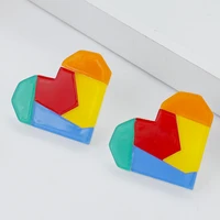lifefontier korean rainbow color stitching resin love heart earrings for women simple candy geometric earrings party jewelry
