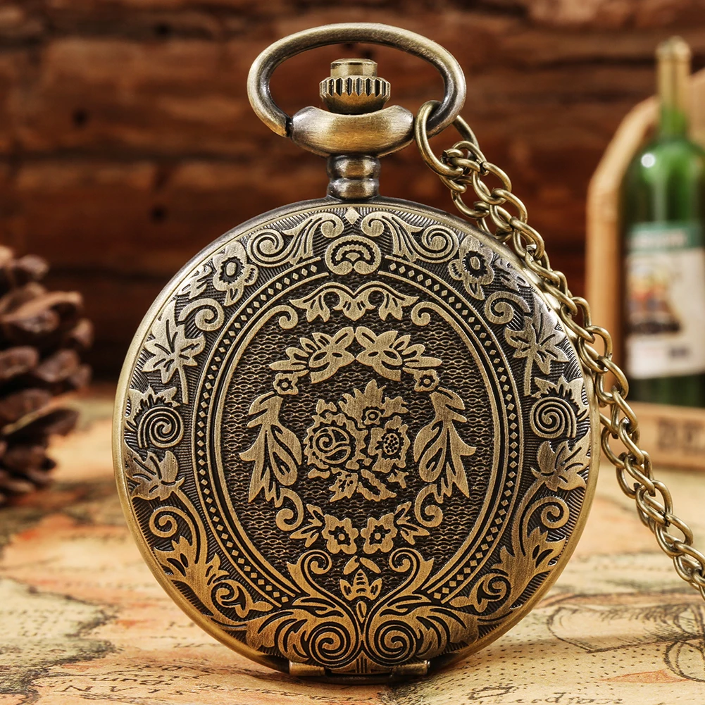 Винтажные бронзовые кварцевые карманные часы в стиле стимпанк с ожерельем, большие карманные часы в стиле ретро, деликатная резьба, брелок ...
