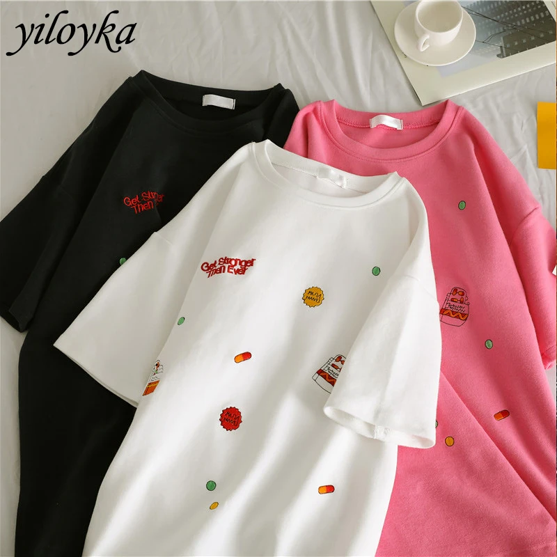 Новая футболка с вышивкой и надписью женская летняя в стиле Харадзюку унисекс