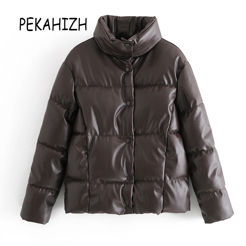 

В европейском стиле с воротником-стойкой с карманами; Куртка из искусственной кожи 2020 мода Slim теплый элегантный жакет Famlae верхняя одежда ши...