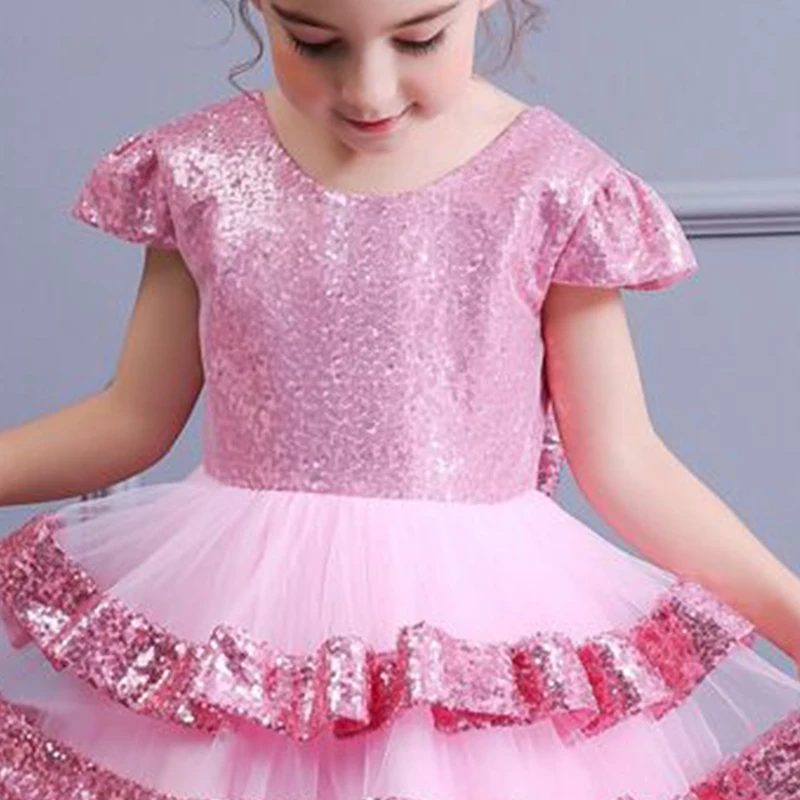 

Flower Girls Dresses Illusion Short Bow Sequined Tulle Lace O-Neck Luxury Champagne Knee-Length Kids Party Princess Gown F329