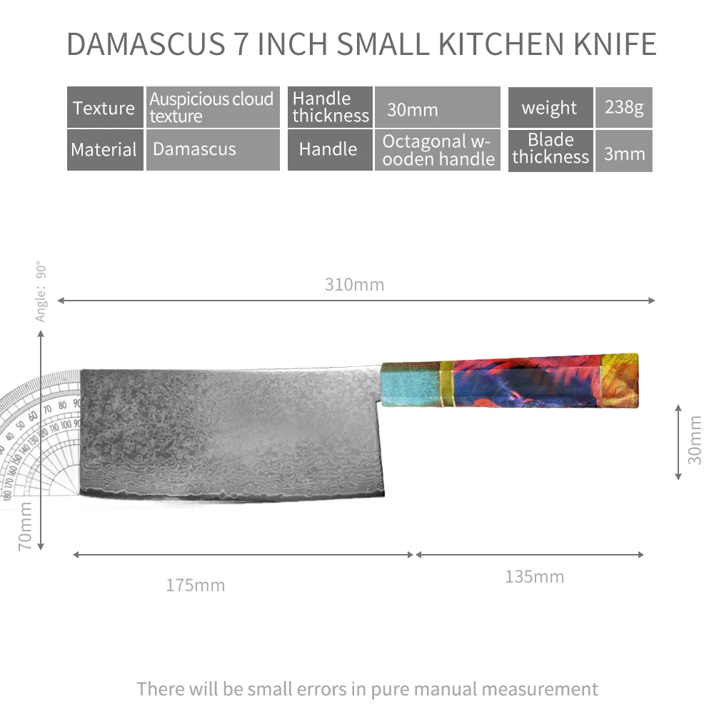 

XYj Damascus Steel 7 inch Kitchen Chef Knives Meat Cleaver Fruit Vege Slicing Cutlery Knife Camping Household Cooking Knife