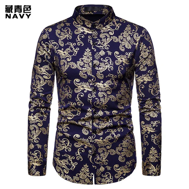 navy Для мужчин s ночной клуб Пейсли бронзовое платье рубашки Slim Fit Мандарин воротник рубашки мужские вечерние свадебные рубашка барокко Camisa Masculina - Цвет: navy