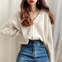 saleqi 2021 women spring summer sweater cardigan low v neck knit tops long sleeve hollow out sexy cardigan loose white tops