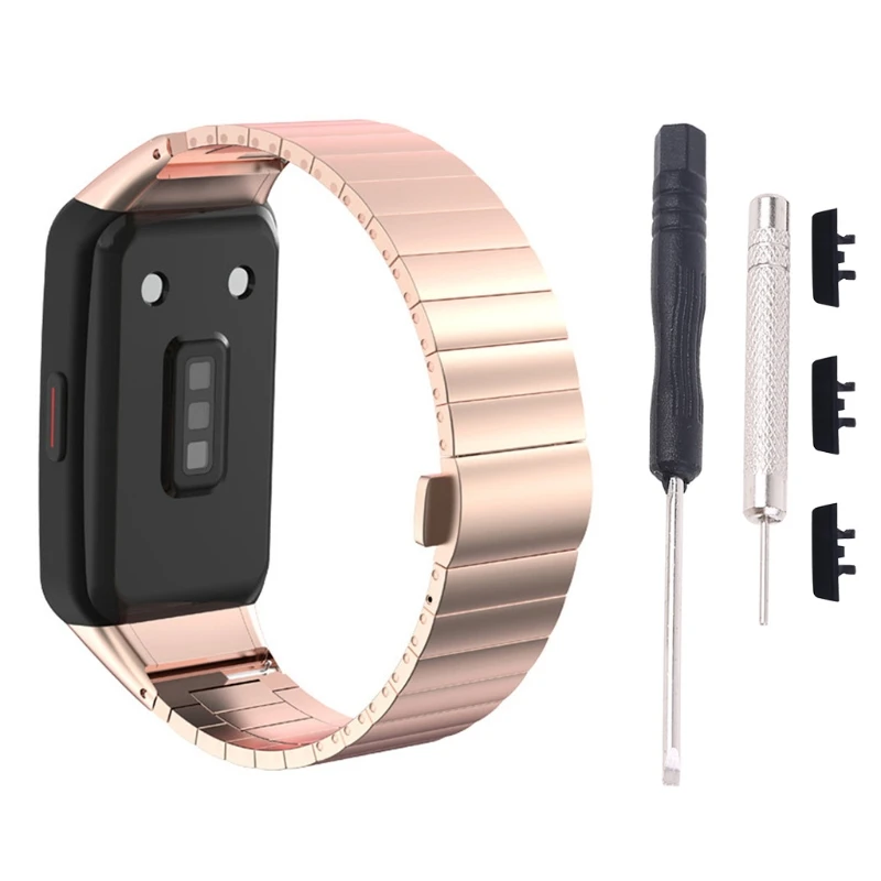 

Replacement Strap For Huawei Honor Band 6 Smart Watch Double Snap Buckle Three Beads Solid Fashion Stainless Steel Strap
