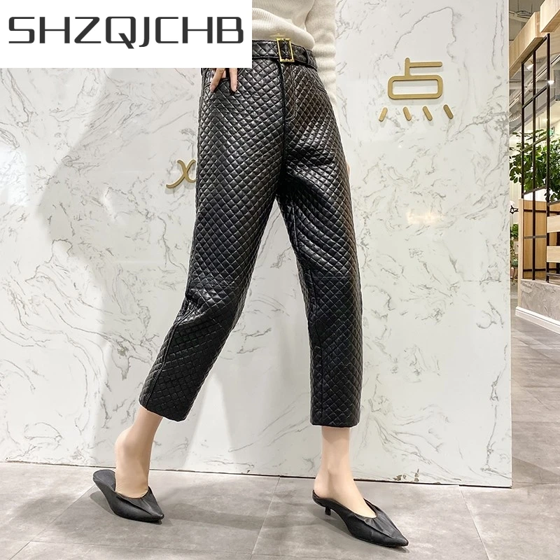

JCHB 2021 Winter Sheepskin Thicken Warm Straight Pants Office Ladies Genuine Leather Solid Color Belt Plaid Trousers Casual Hare