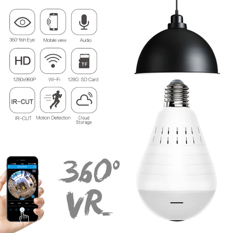 Панорамный светильник с лампой камера Full HD 720P 360 градусов рыбий глаз Wi Fi