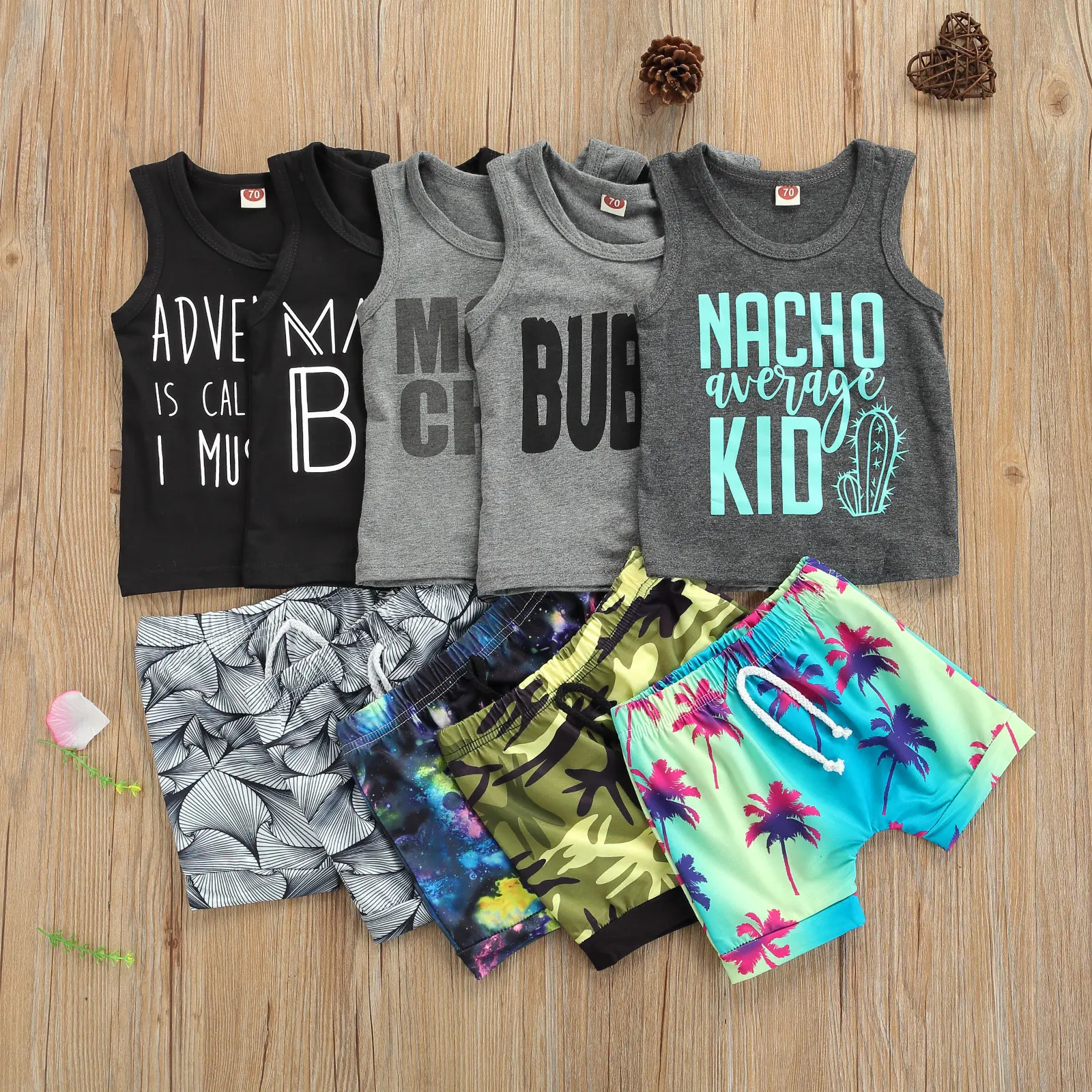 

OPPERIAYA 2Pcs Fashionable Baby Boys Outfit Toddler Round Collar Sleeveless Letter T-shirt Coconut Tree Camouflage Print Shorts