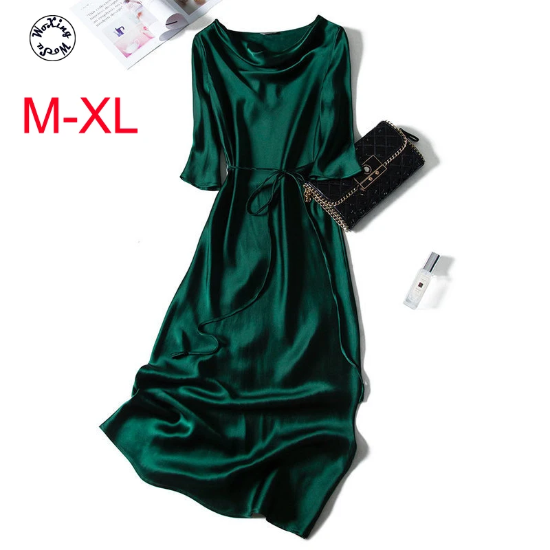 

Silk dress long simple slim solid color swing collar long sleeve bandage silk dress