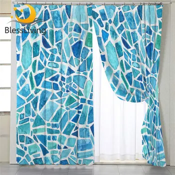 BlessLiving Blue Stone Curtain for Living Room Watercolor Blackout Curtain Geometric Window Treatment Drapes Mosaic cortinas 1