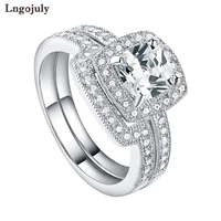 luxury ring genuine 925 sterling silver bride wedding ring square zircon rhinestone engagement ring set silver jewelry gift