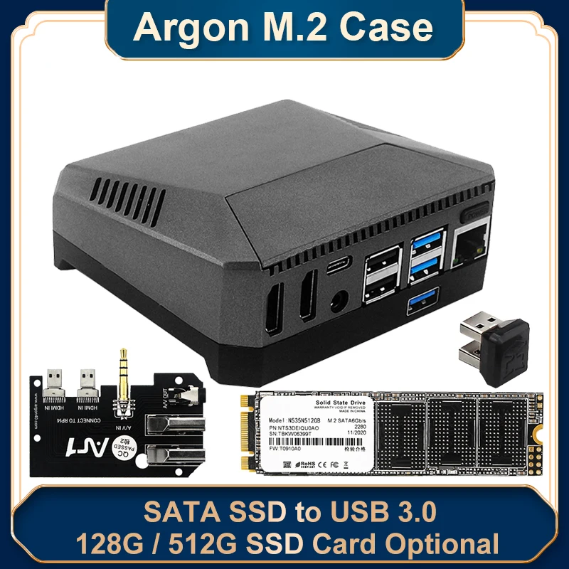 

2022 Raspberry Pi 4 Argon M.2 Aluminum Case SATA SSD to USB 3.0 Built-in Cooling Fan 128G 512G SSD Card Optional for Raspberry