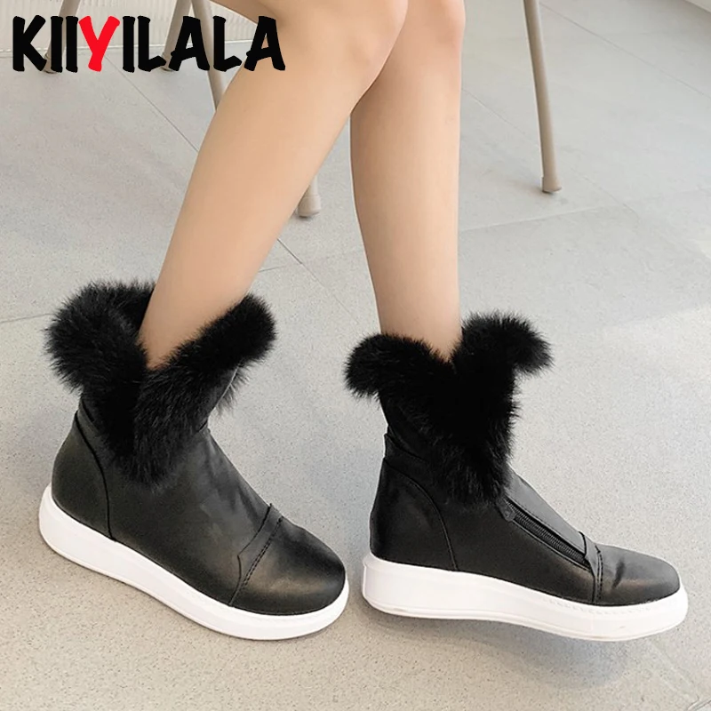 Kiiyilal New Warm Side Zipper Snow Boots Real Rabbit Fur Winter Shoes Height Increasing Woman Short Plush Women | Обувь