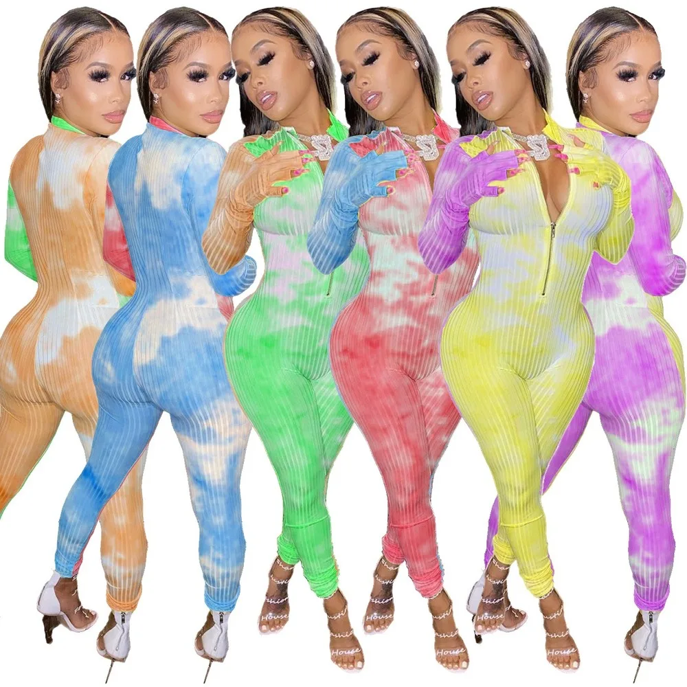 

Sexy Tie Dye Club Party Jumpsuits Zipper V Neck Long Rompers With Gloves Long Sleeve Stripe Fabric Women Autumn Spring Clothes