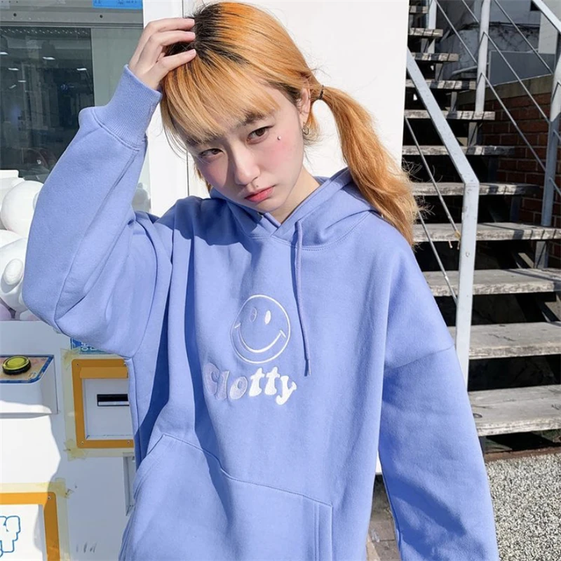 

New Spring Preppy Style Women Sweatshirt Girls Cute Embroidery Smiling Face Hoodie Female Harajuku Casual Fleece Pullover Mujer