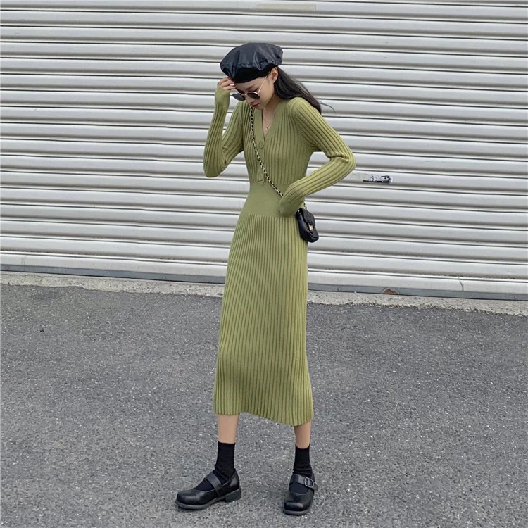 

Slim waist, high knee length sweater with overcoat, skirt bottomed knitted dress, women's autumn and winterNuyoah