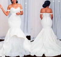 arabic mermaid wedding dresses applique beaded bridal gowns off the shoulder satin plus size zip back sweep train robe de marria