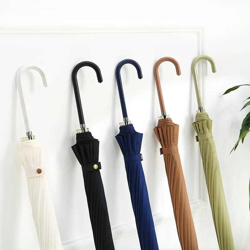 

Retro Umbrella with Leather Handle Fashion High Quality Business Ombrelli Long Handle Four Seasons Universal Black Regenschirme