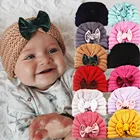 Однотонная Золотая Бархатная детская шапка с бантом, тюрбан, мягкая осенне-зимняя теплая вязаная шапка для девочек, милая Толстая шапка для малышей