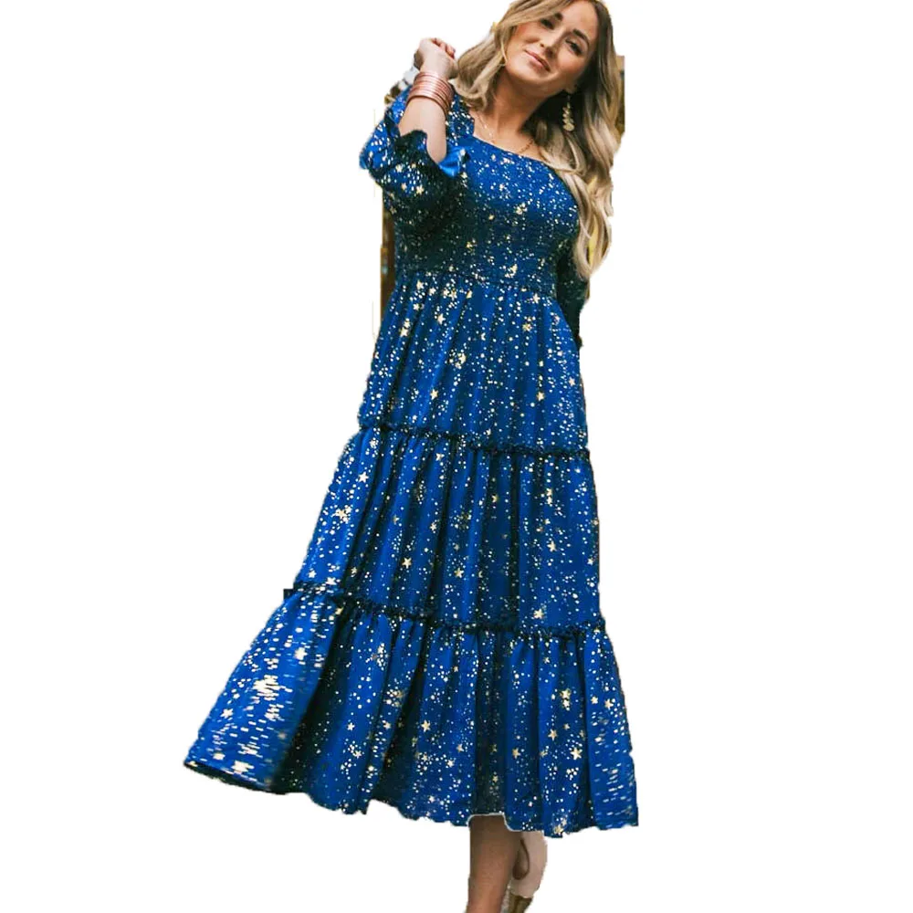 

Женское плиссированное платье, повседневное пляжное платье для отпуска с квадратным вырезом, пышными рукавами и принтом звезд, лето 2022