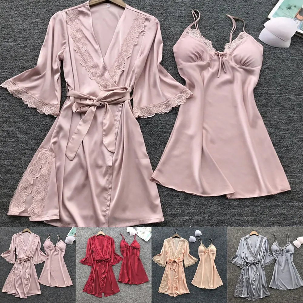 

2-Piece Lingerie Women Emulation Silk Robe Sleepwear Nightdress Pajamas Set Women Lace Trim Satin Sleepwear Home Wear Pyjamas