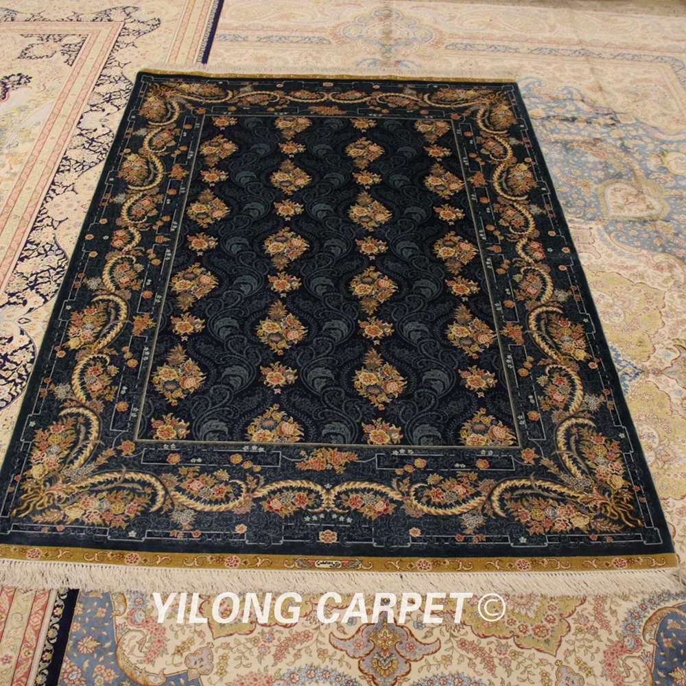 Yilong 4 5 'x 6 5' Синий турецкий традиционный шелковый ковер с цветочным узелком