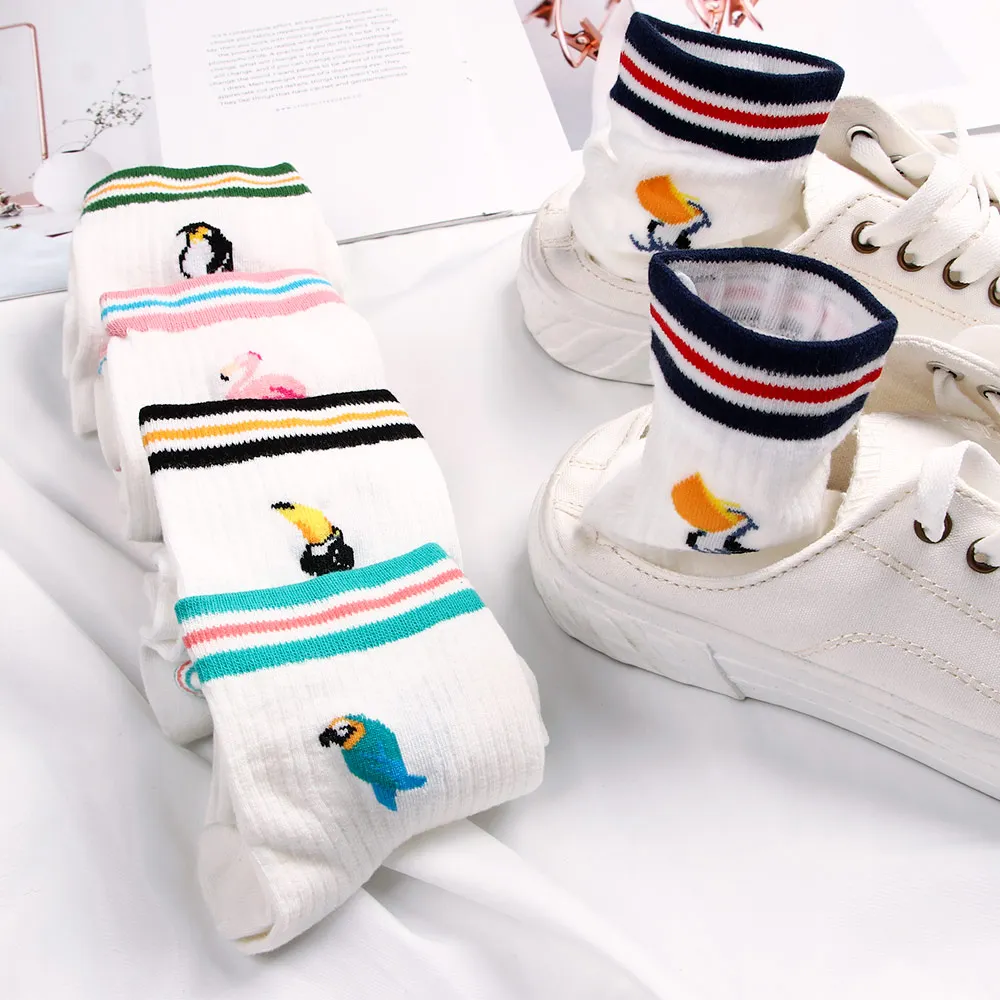1 пара женские носки в полоску с мультяшным пингвином попугаем Белые Носки