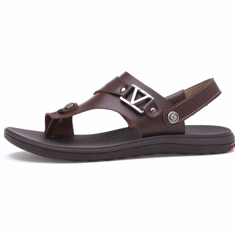 

2021 New Men's Shoes Fashion Solid Color PU Flip Flops Metal V Decorative Flat Heel Non-slip Comfortable Casual Sandals 3KC193