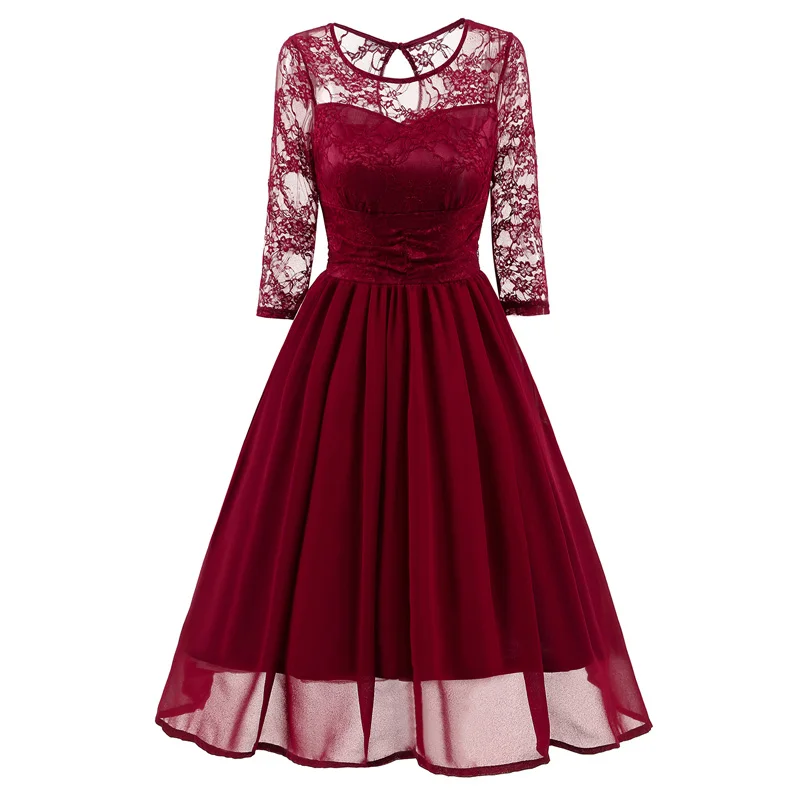 

Женское вечернее платье с круглым вырезом, бордовое кружевное платье-трапеция с эффектом иллюзии, элегантное платье для вечеринки