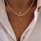 Модные женские ожерелья, набор из 4 шт.компл., классическое ожерелье с подвеской в виде креста, морской звезды, жемчуга, звезды, цепочки с кристаллами, очаровательные женские пляжные украшения