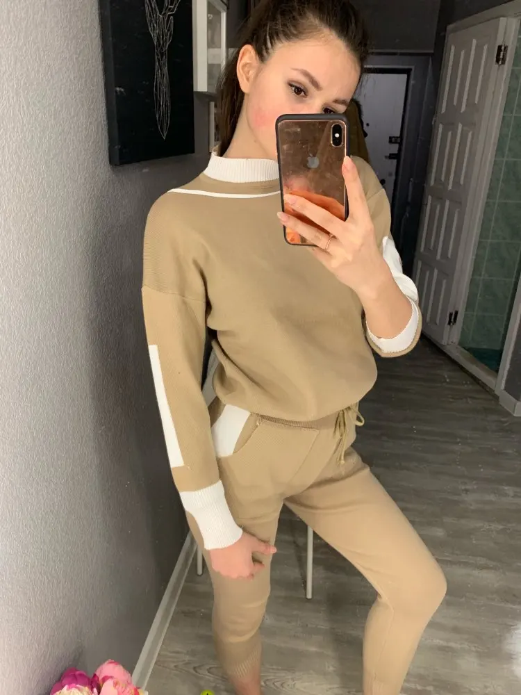 

2019 Women Tracksuit Clothes New Spring Autumn Pullover Sweater Top And Slim Pants 2 Piece Sets Woman Sportsuits Knit Outfit